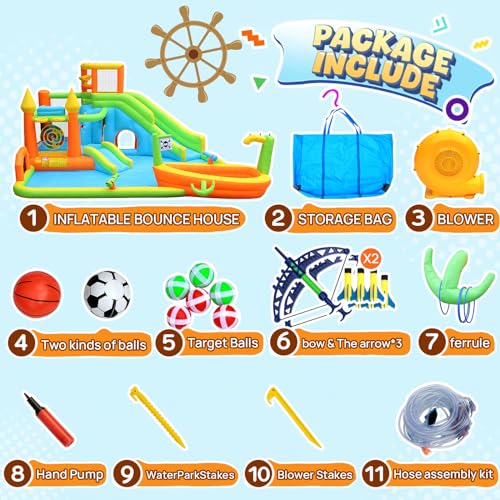 Inflatable Water Slide Park, Large Water Bouncer Castle Fun Bouncy House with Large Pool, Dual Slides, Climbing Wall, Basketball, Soccer, Archery, Toss Game, Easy to Set Up with Air Blower