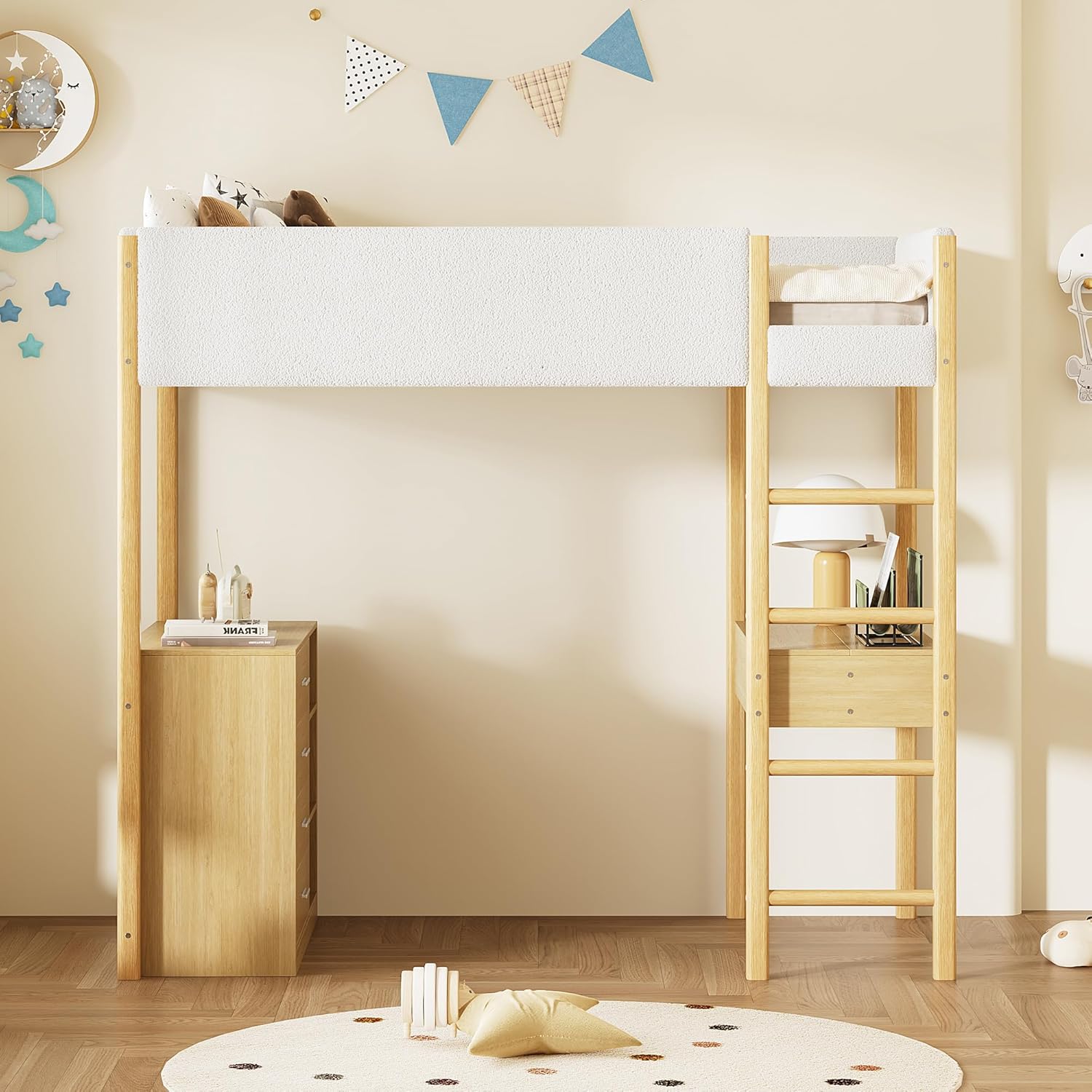 Twin Size Loft Bed with Convertible Desk and a Large Cabinet, Wooden & Teddy Fleece High LoftBed w/Storage Drawers&Shelf for Kids Teens Adults Bedroom Dorm Home, Natural