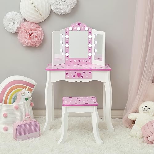 Teamson Kids Princess Rapunzel Wooden 2-pc. Play Vanity Set with Three Storage Drawers, Rotating Oval Mirror and Matching Stool to Play Dress-up, Princess or Beauty Shop, White