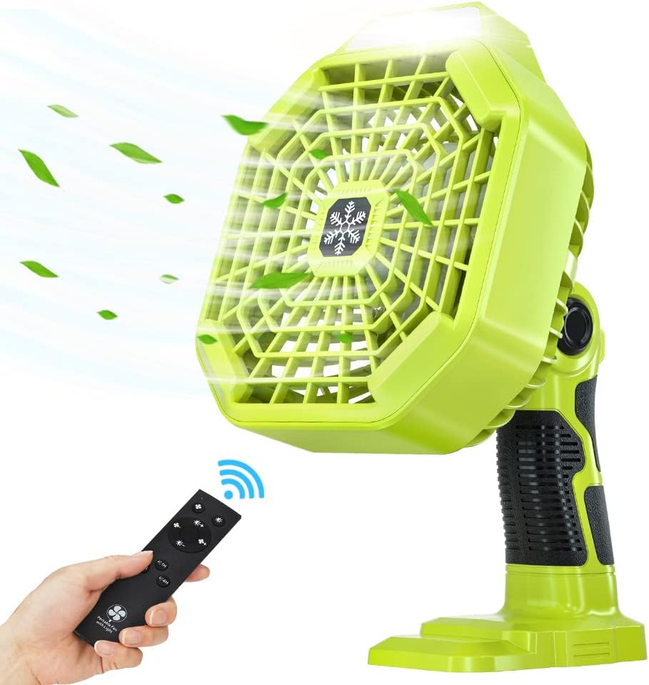 YEX-BUR Handheld Fan for Ryobi 18v ONE + Lithium Ion NiCd NiMh Batteries Portable Fan with LED Lantern, Remote 4H Timer, 3 Speeds, 3 Modes Outdoor Rechargeable Personal Tent Fan Desk Jobsite Fan