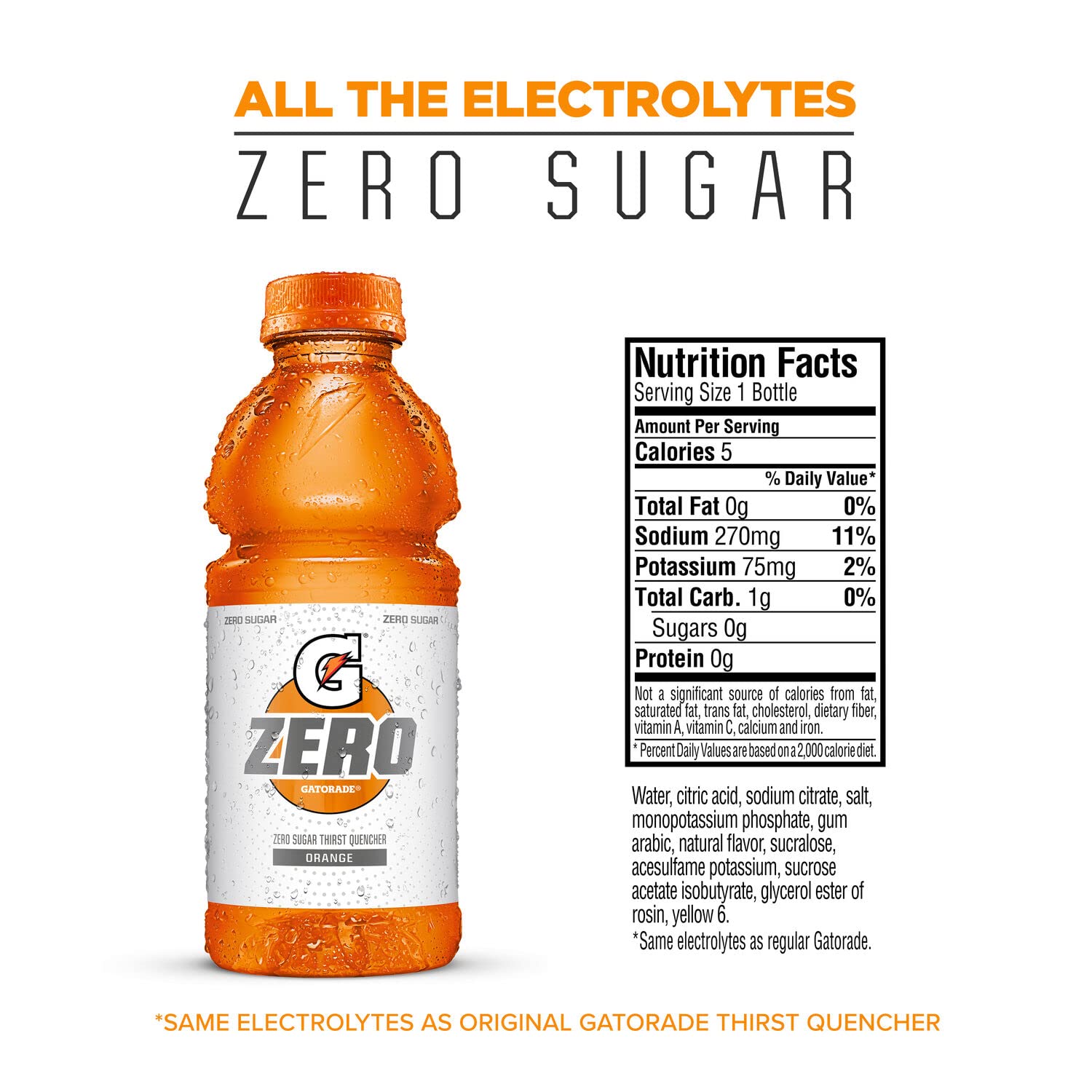Gatorade Zero Sugar Thirst Quencher, Orange, 20 Fl Oz (Pack of 12)