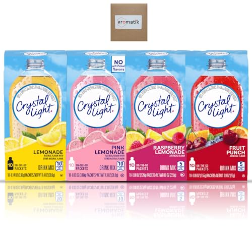 Crystal Light On-The-Go Drink Mix Variety Pack - 10 Packets Each Flavor, 4 Flavor Packs | Sugar-Free, Low-Calorie | Caffeinated & Caffeine-Free Options | Includes Exclusive Aromatik™ Damage-Proof Packaging (4 Boxes, No Caffeine Variety 1)