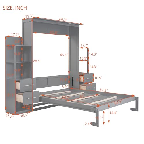 Queen Size Murphy Bed Wall Bed with Shelves,Multifunctional Easy Fold Wood Wall Bed with Drawers and LED Lights for Guest Room Home Office,Space-Saving Murphy Bed Cabinet (Gray-AB91)
