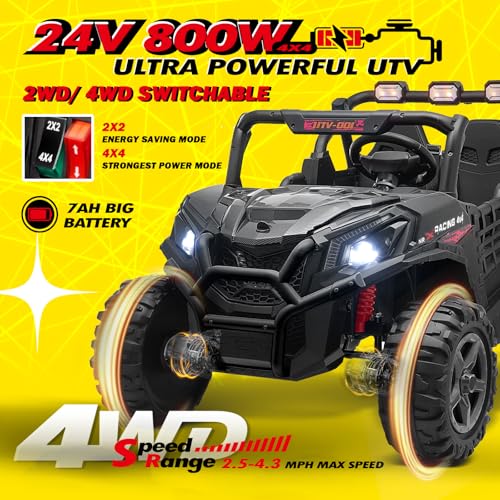 Blitzshark 24V 2 Seater Kids Ride on UTV Car 2WD/ 4WD Switchable Off-Road Electric Vehicle, with 800W Ultra Powerful Motors, 4.3MPH Max Speed, 7AH Battery, Spring Suspension, 2.4G Remote, Music, Black