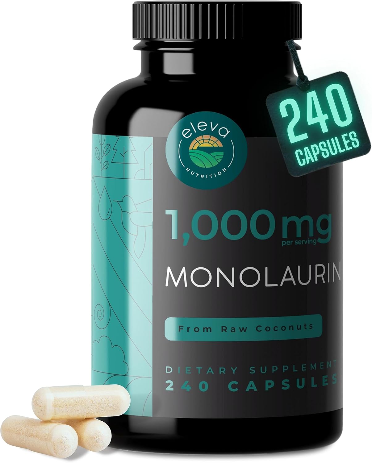 Monolaurin 1000mg Capsules — Made with Pure Glycerol and Lauric Acid from Raw Coconut — Natural Vegan Capsules That are Non-GMO and Soy Free — 240 Capsules