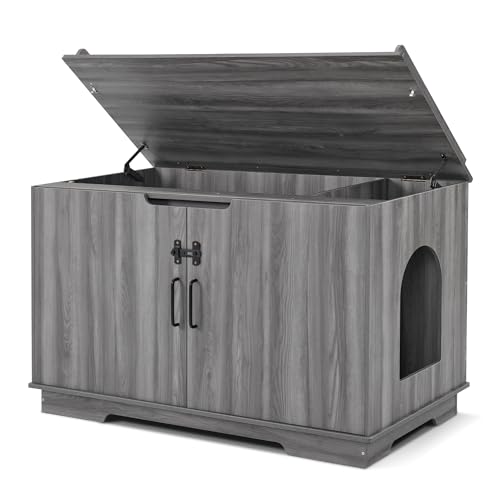 MCombo X-Large Cat Litter Box Furniture Hidden with Top Opening, XL Pet Enclosed Litter Bench with Divider, Wooden Hideaway Extra Large Cat House, Cat Washroom Storage Bench Indoor CT37
