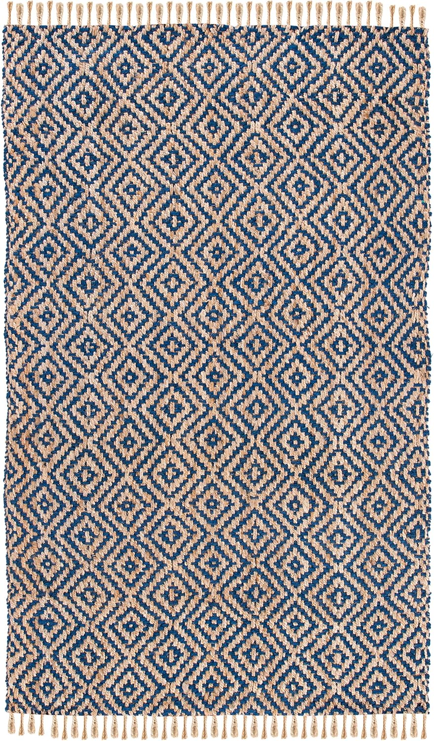 SAFAVIEH Natural Fiber Collection Area Rug - 5' x 8', Tropical Blue & Natural, Handmade Boho Diamond Tassel Jute, Ideal for High Traffic Areas in Living Room, Bedroom (NF266D)