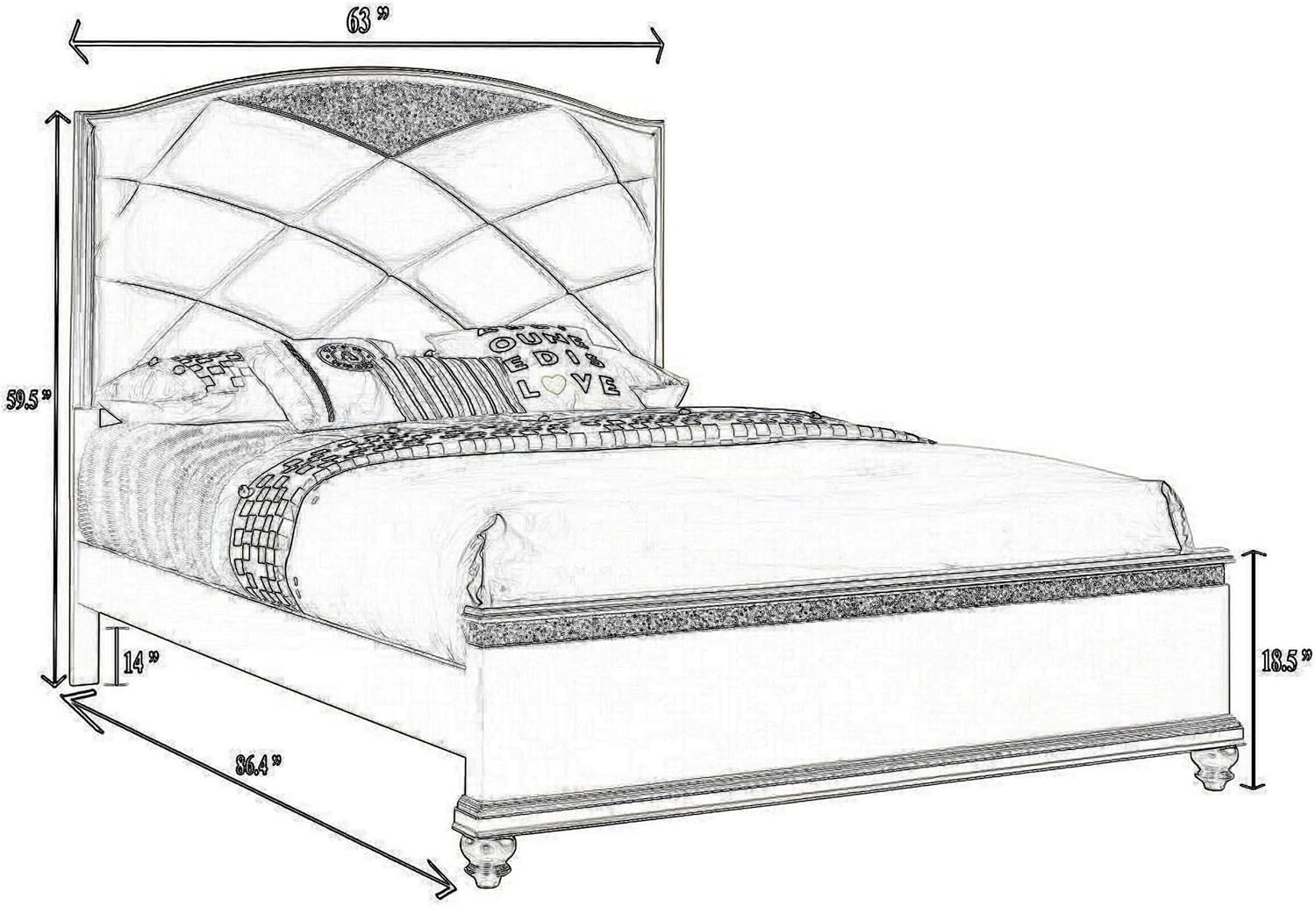 Benjara Vala Queen Bed, Faux Leather Headboard, Grid Tufted, Acrylic Accents, Taupe