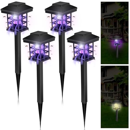 Solar Bug Zapper Outdoor 2 in 1 Solar Mosquito Fly Killer Waterproof LED Insect Zapper and Lighting Mosquito Repellent Lamp for Outdoor Garden Patio Yard Lawn (White and Purple Light)