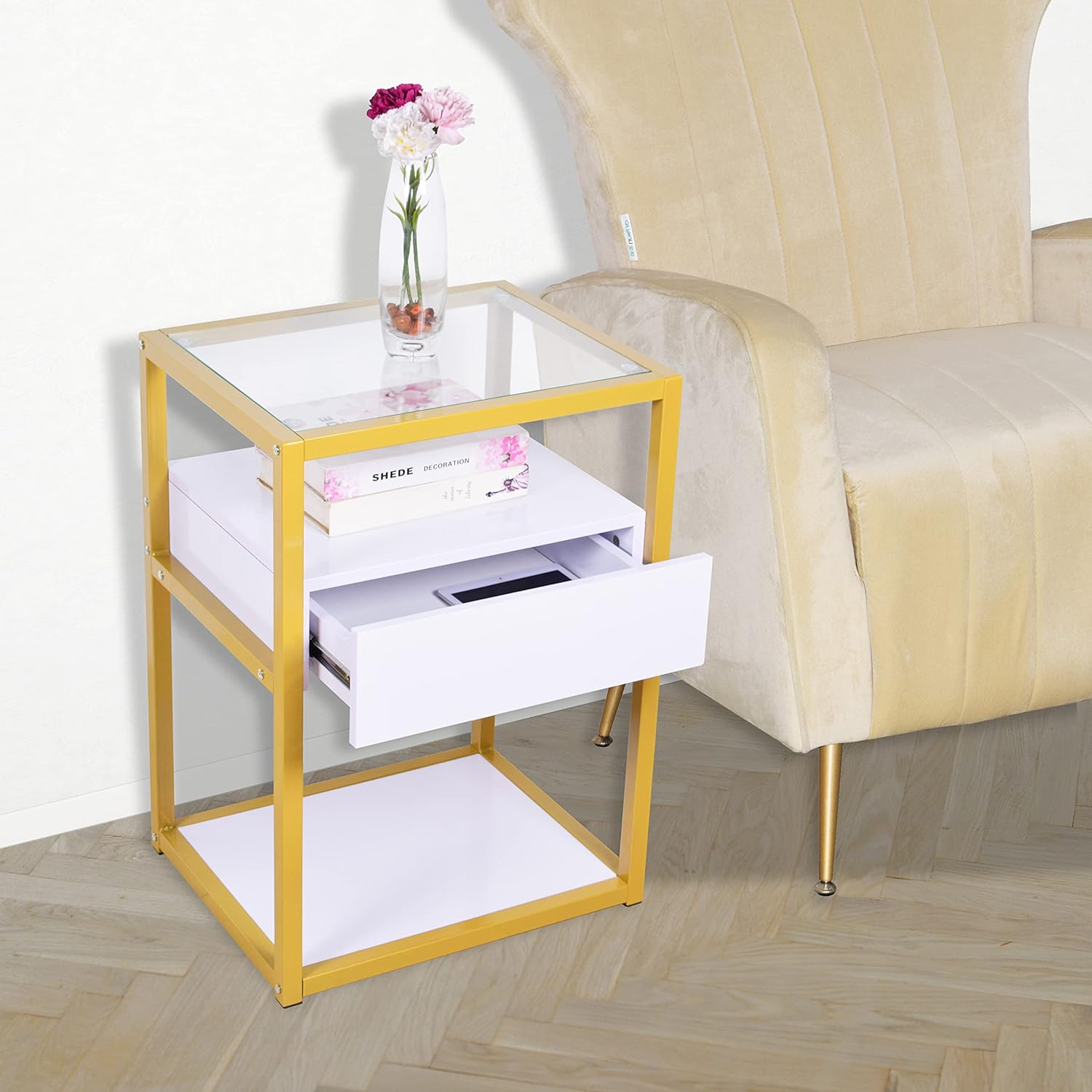 RAAMZO 3-tier Nightstand, Modern Side End Table with Drawer and Shelf, Tempered Glass Top, Bedside Table, Metal Frame in White and Gold Finish 27.5