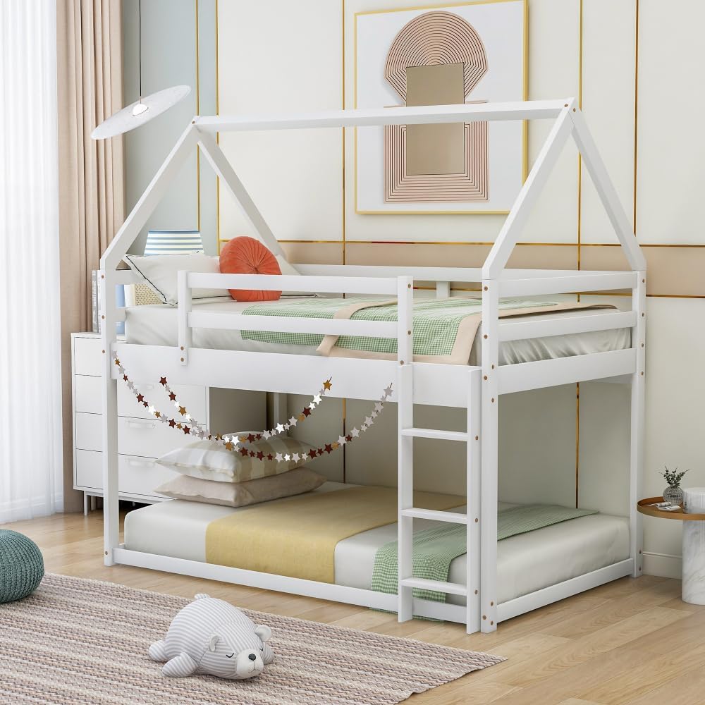 Twin Over Twin Low Bunk Bed, House Bed with Ladder, White 1-Numbers of Package Pine Wood+MDF 14pcs 77.3