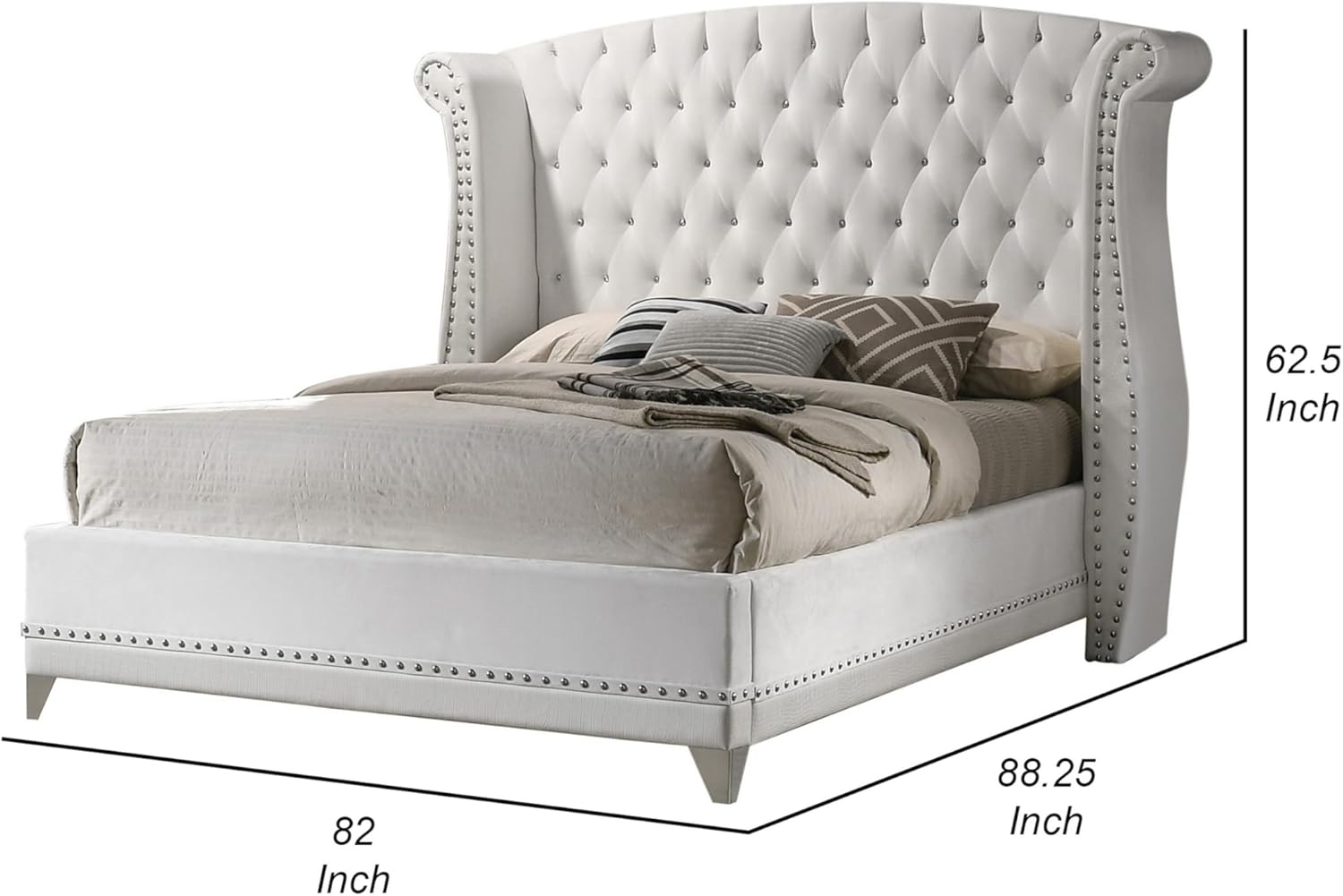 Benjara BM302873 Velvet Upholstery Crystal Button Tufting Dini Wingback Queen Size Bed Chrome White & Silver