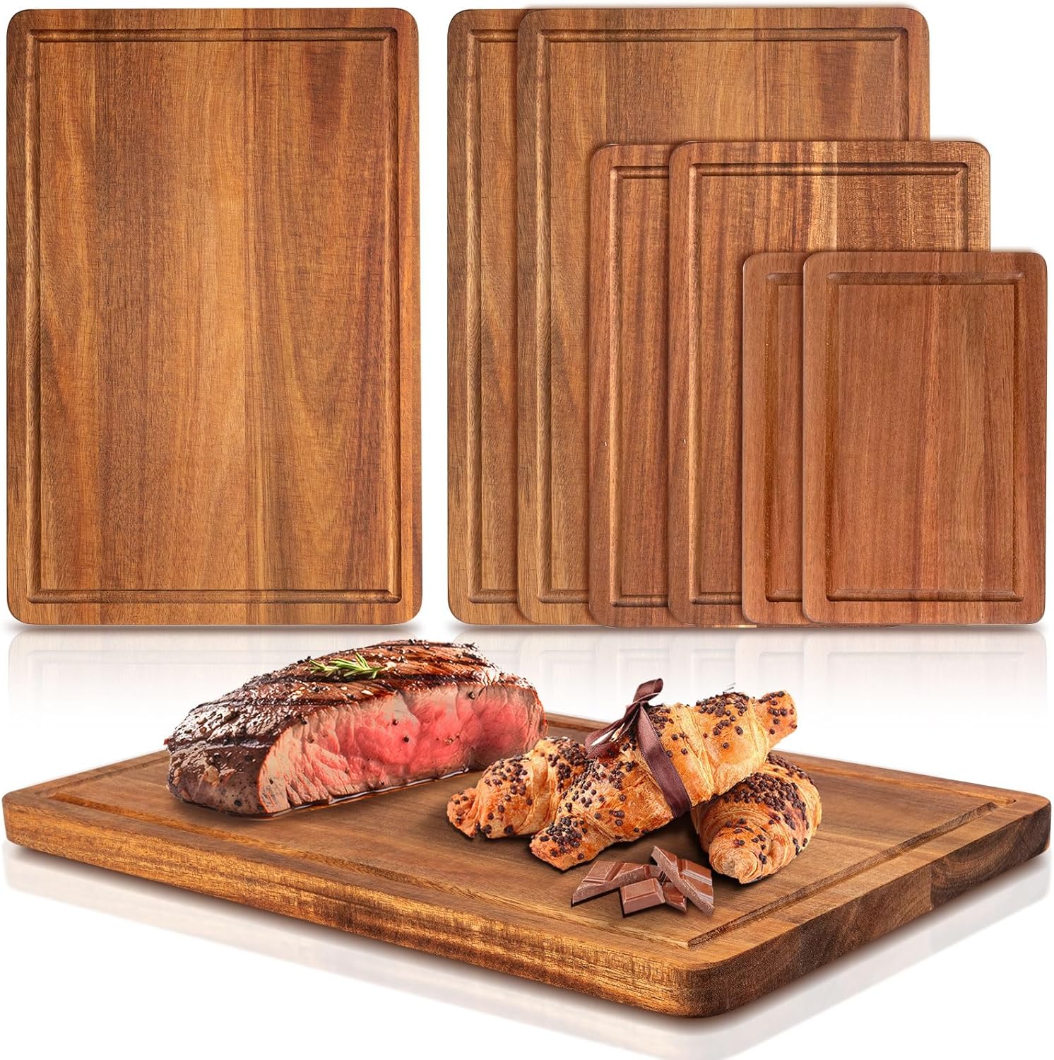 Layhit 6 Pcs Acacia Wood Cutting Board Set 3 Size Wood Chopping Boards with Juice Groove Large Carving Wooden Butcher Block for Kitchen Meat Vegetable Cheese, 15 x 10 Inch, 12 x 8 Inch, 9 x 6 Inch