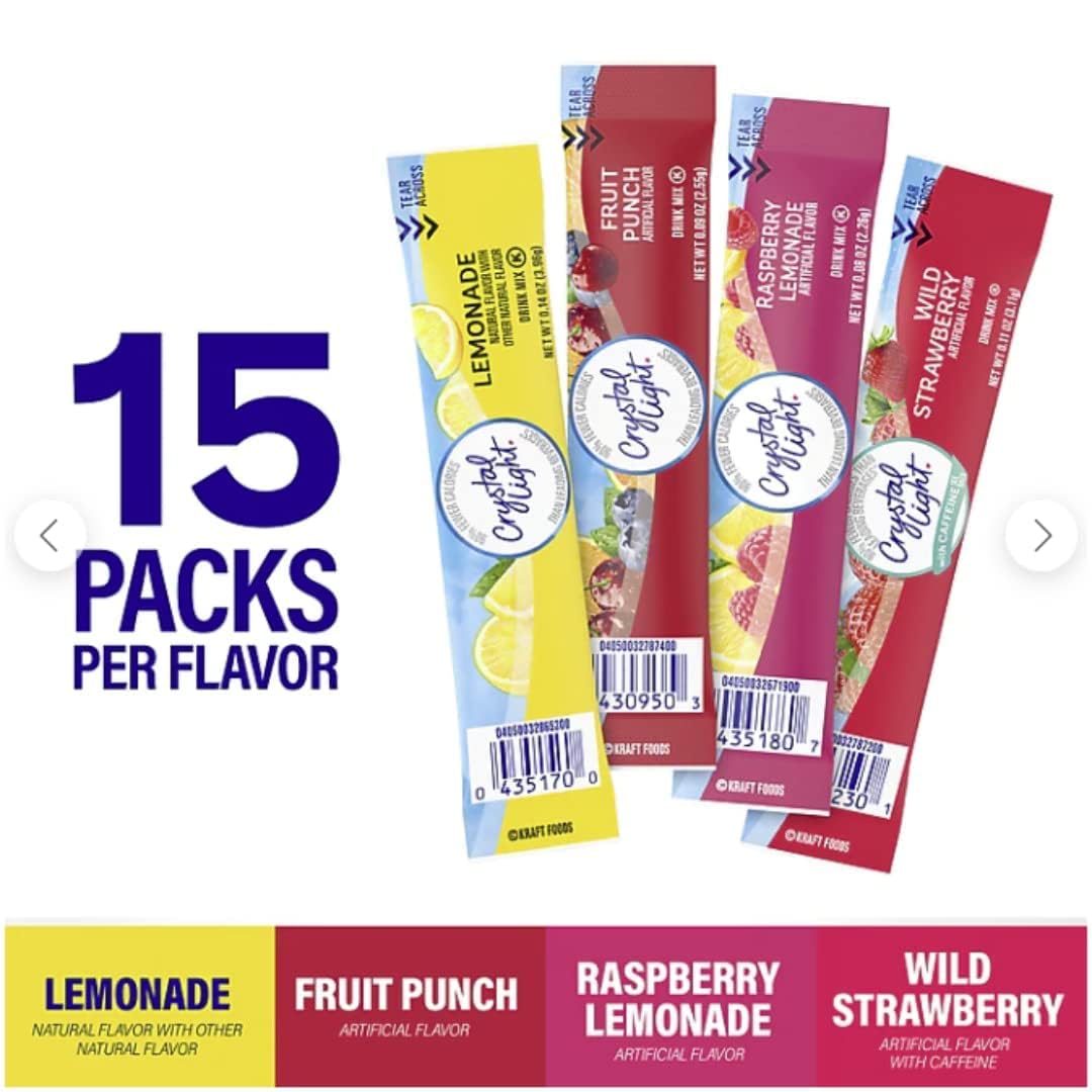 Crystal Light On-The-Go Powdered Drink Mix Variety Pack - lemonade, fruit punch, raspberry lemonade & wild strawberry (58/60 Count)