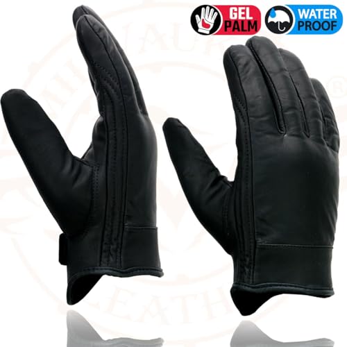 Milwaukee Leather MG7522 Men's Black Leather Waterproof Cruiser Motorcycle Hand Gloves W/Gel Padded Palm