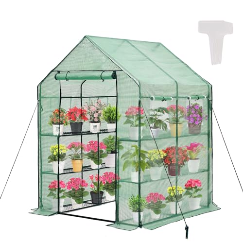 Walk-in Greenhouse for Outdoors, Thickened PE Cover & Heavy Duty Powder-Coated Steel, Mesh Door & Screen Windows, 14 Sturdy Shelves, 20 Pcs T-Type Plant Tags 4.7x4.7x6.4 FT, (GHW002G)