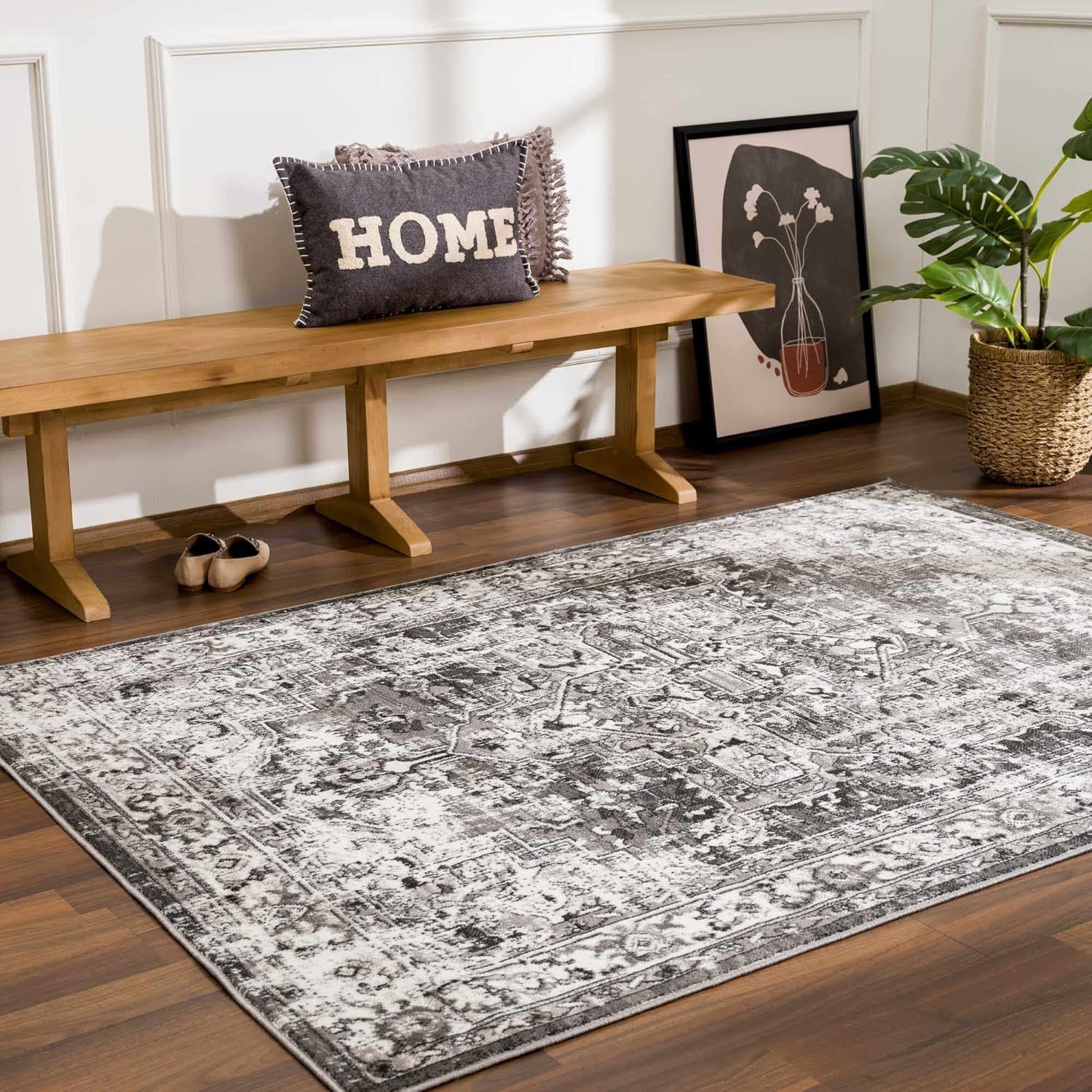 Hauteloom Monaco Collection Living Room, Bedroom Oriental Area Rug - Traditional Persian Turkish Look Carpet - Vintage Distressed - Dark Gray, Cream, Beige - 5'3