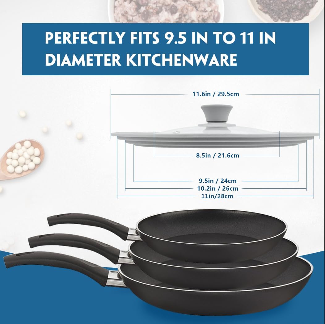 Universal Lid for Pots, Pans and Skillets, Tempered Glass with Silicone Rim Fits All 9 to 11 Inch Diameter Cookware, Replacement Lid, Grey