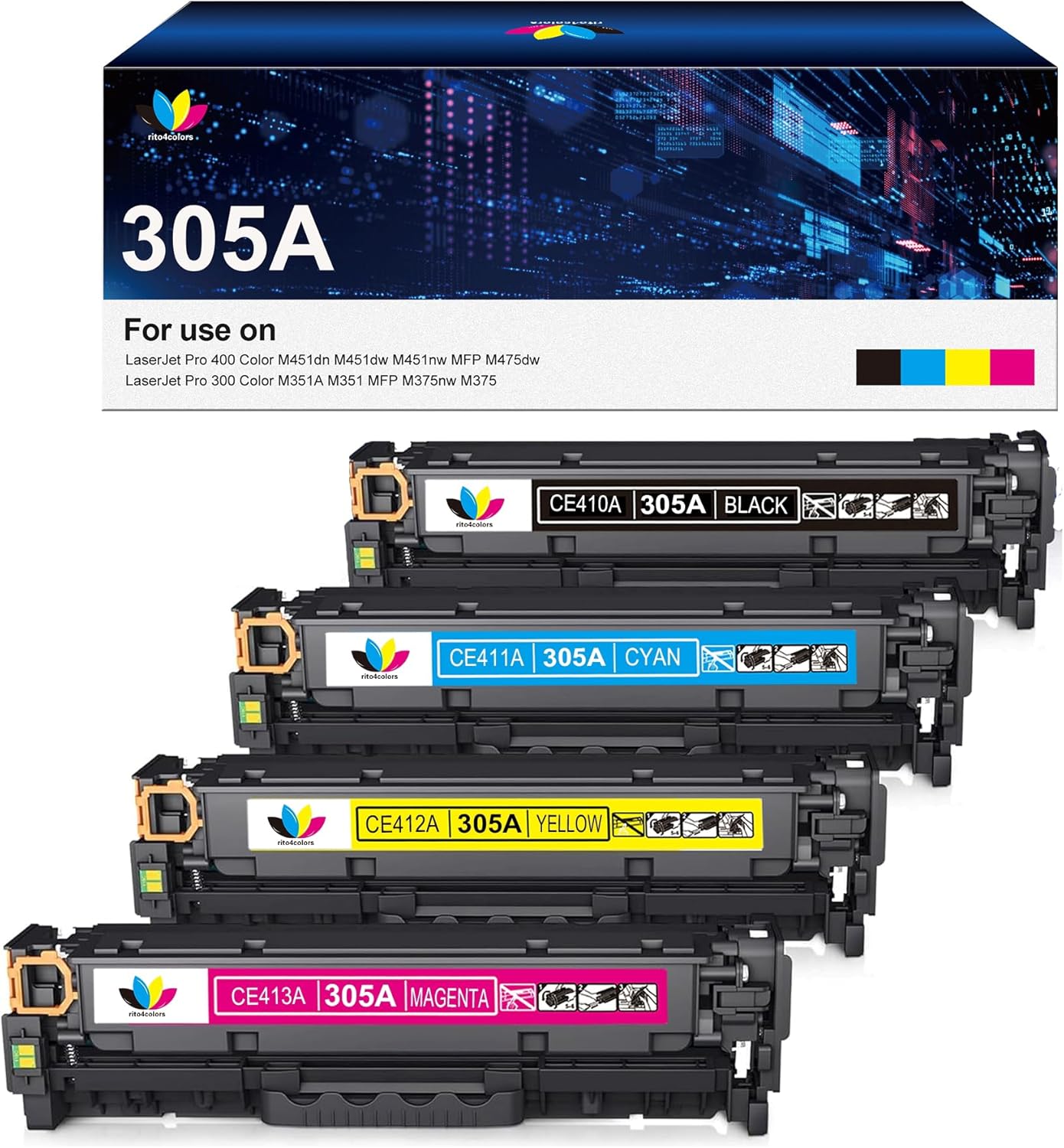 305a Toner Cartridge - Replacement for HP 305A 305X CE410A CE410X for Laserjet Pro 400 M451dn M451nw M451dw MFP M475dn Pro 300 M375nw Printer(Black, Cyan, Magenta, Yellow,4 Pack)