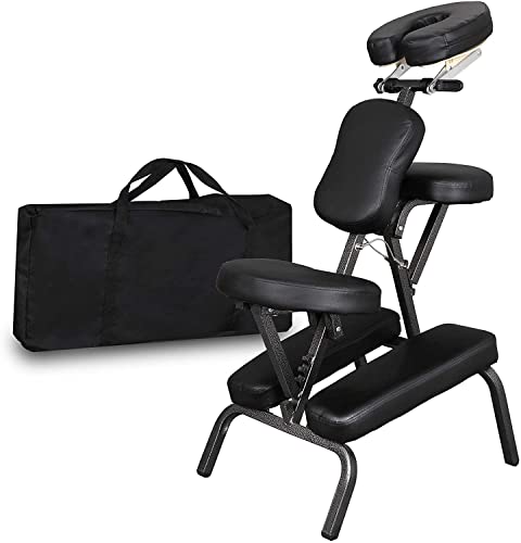 Massage Chair Portable Tattoo Chair Foldable Massage Therapy Chair, Height Adjustable 4 Inches Thick Sponge Face Cradle Spa Salon Massage Chair with Carrying Bag (Black)