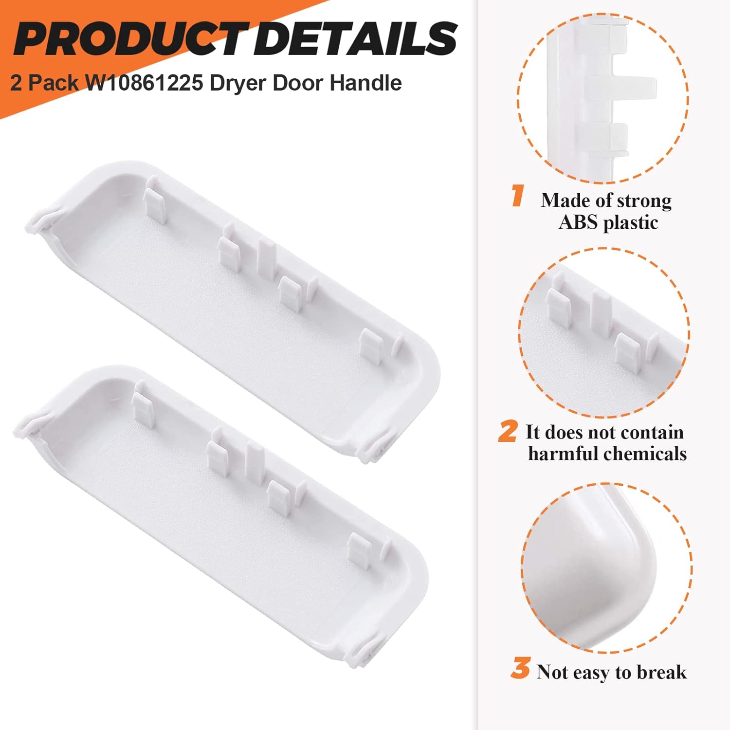 Beaquicy W10861225 W10714516 Dryer Door Handle Replacement Unbreakable - Fit for Whirl-pool Ken-more May-tag Dryer - Replaces AP5999398 PS11731583 W10861225VP - Pack of 2