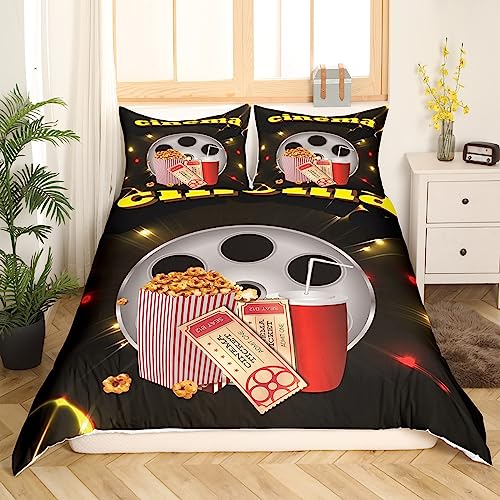 Movie Theater Decor Bedding Duvet Cover Set Queen Size Movie Night Bedding Set for Kids Boys Decor Cinema Comforter Cover Set Old Fashion Home Theater Bedspread Cover Bedroom Bedclothes