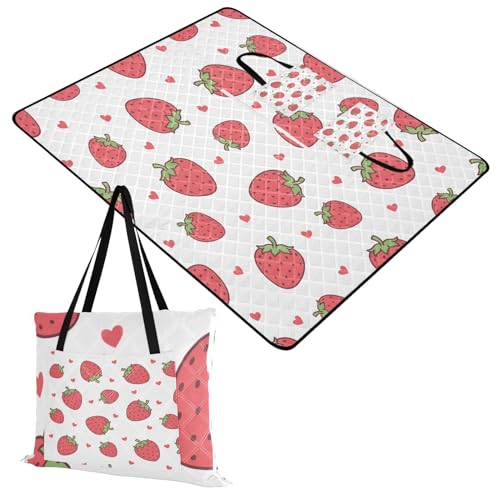 Strawberry Extra Large Picnic Outdoor Blanket, Foldable Beach Blanket Waterproof Sandproof Camping Mat for Family Travel Park Wet Grass Hiking Yoga, 60 x 80 Inch