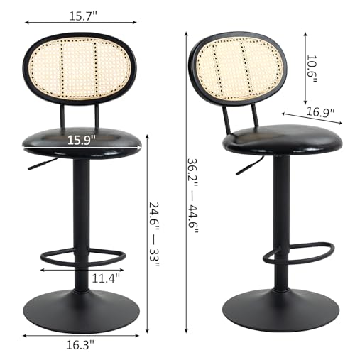 Finnhomy Modern Rattan Bar Stools Set of 2 - Natural Woven Design, Swivel Seat, Footrest, and Cane Backrest, Height Adjustable Bar Chairs for Kitchen Counter and Dining Room, Boucle Black