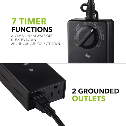 BN-LINK Outdoor 24-Hour Timer with Photocell Light Sensor, Water Resistant Photoelectric Countdown Timer(2, 4, 6 or 8 Hours Mode), Weatherproof, Two (2) Grounded Outlets for Home and Garden, Black