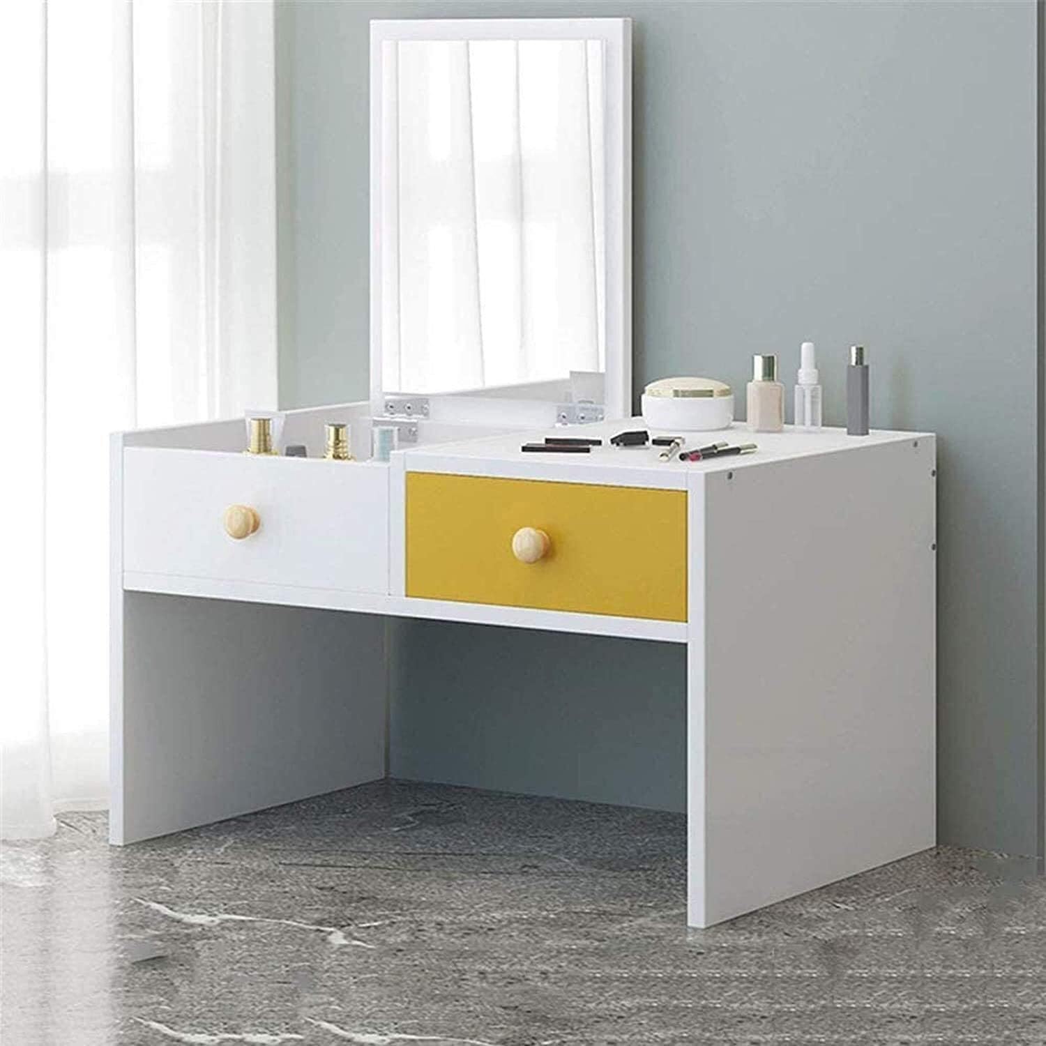 Luxury Dressing Vanity Table w/Stool for Bedroom, Makeup Vanity Dressing Tables Modern Bay Window Dressing Table with Mirror Mini Minimalist Modern Makeup Cosmetics