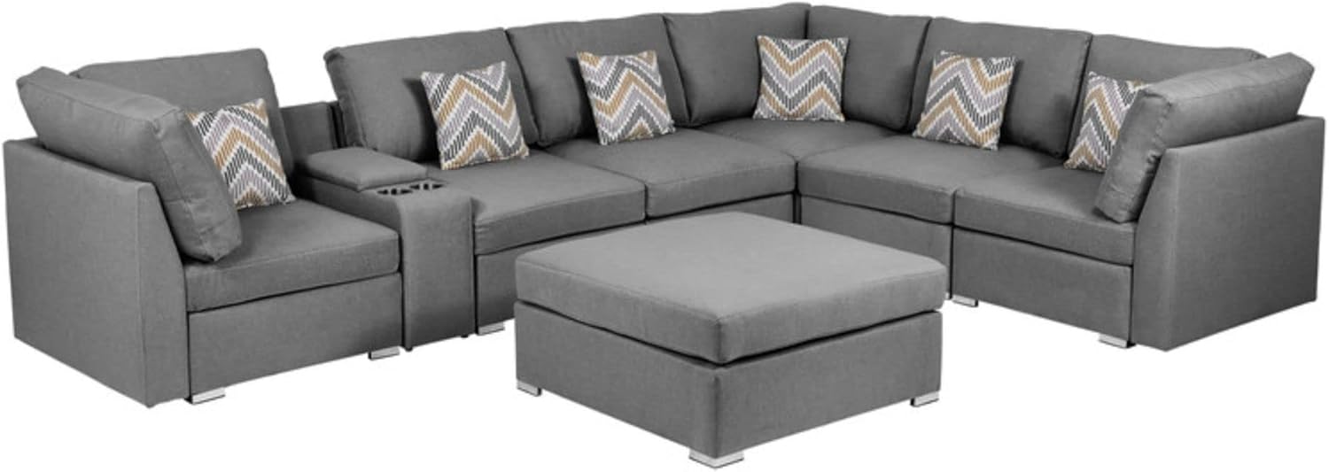 Lilola Home Amira Gray Fabric Reversible Modular Sectional Sofa with USB Console and Ottoman