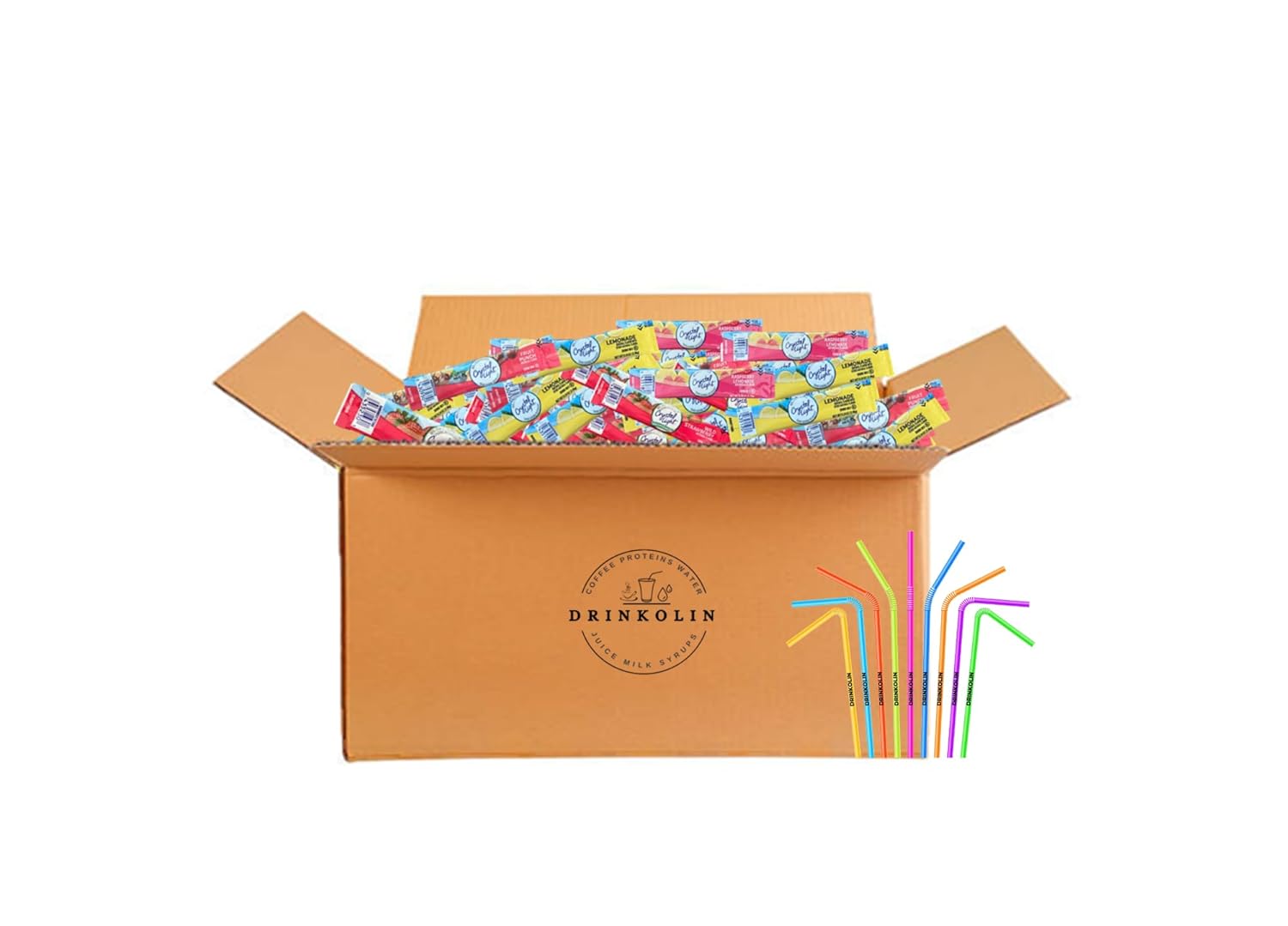 Crystal Light Packets Variety Pack 60 Flavored Drink Mix Packets. Fruit Punch, Raspberry Lemonade and Wild Strawberry Packets Sugar-Free Powdered Drink Mix with Drinkolin Straws - Fits 16.9 oz Bottles