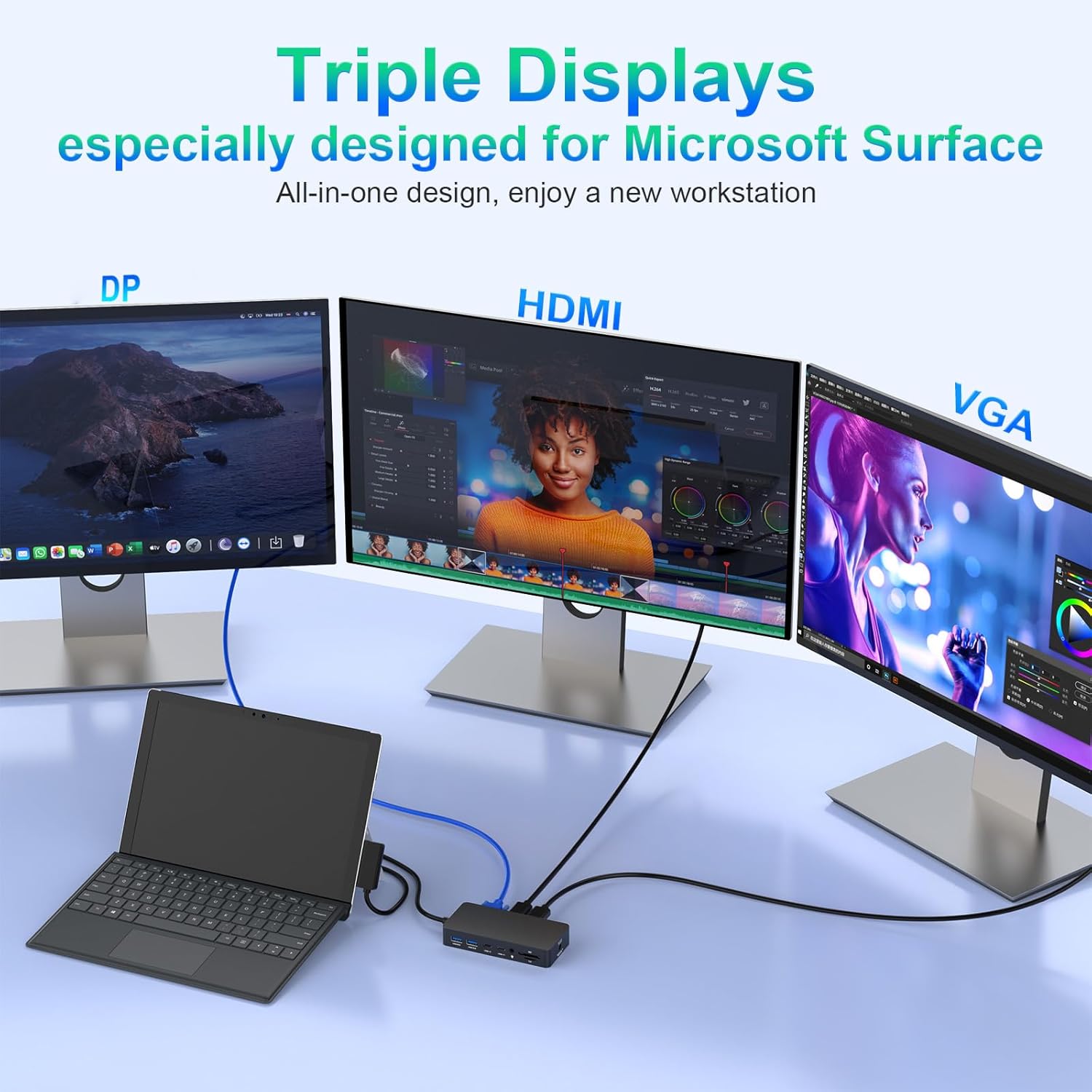 Microsoft USB C Surface Dock Triple Displays, 12 in 1 Surface Docking Station with 4K DP+HDMI+VGA for Surface Pro 11/10/9/8/X/7+/7,Surface Laptop 7/6/5/4/3,Surface Laptop Studio 2/1,Surface Go 4/3/2/1