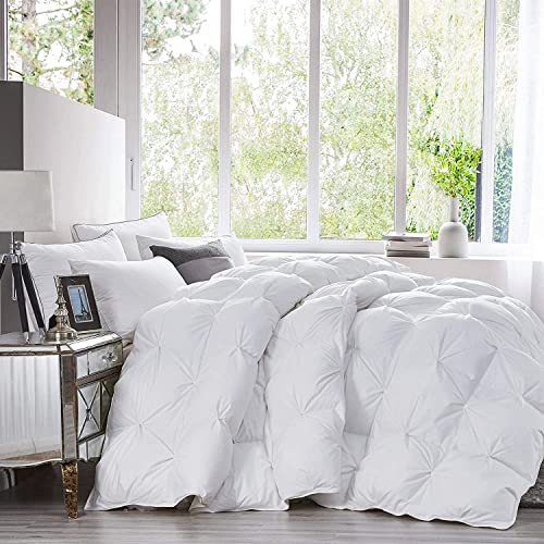 Luxurious Goose Down Feather Fiber Comforter Queen Size All-Season Duvet Insert, Premium Baffle Box, 100% Egyptian Cotton Cover, 65 oz Fluffy Fill Weight - White Pinch Pleat