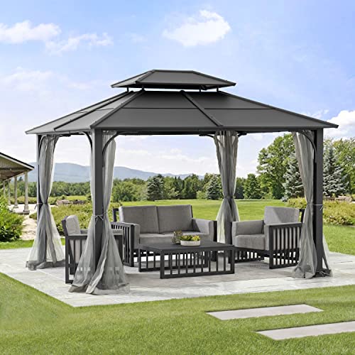 Sunjoy Hardtop Gazebo 13 x 15 ft. Outdoor Patio Steel Frame Gazebo with 2-Tier Metal Roof and Mesh Netting, Black