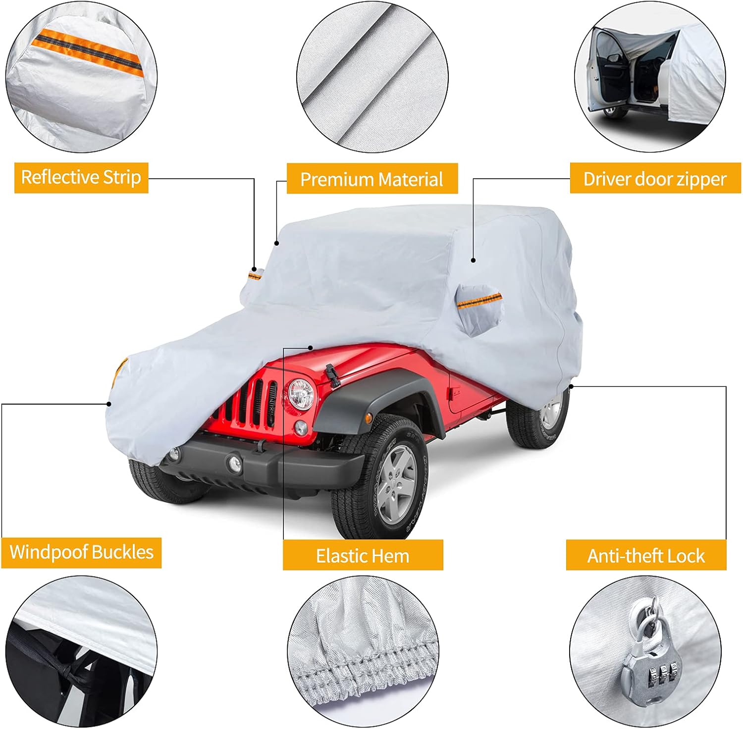 BDFHYK Waterproof Car Cover 2 Door Wrangler Covers, All Weather Protection Outdoor Cover for 1945-2022 Jeep Wrangler CJ,YJ, TJ,JK & JL with Driver Door Zipper Lock Cable