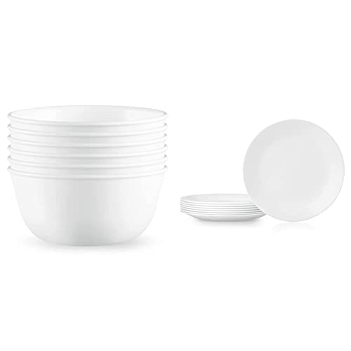 Corelle Vitrelle 28-oz Soup/Cereal Bowls Set of 6, Chip & Crack Resistant Dinnerware Bowls, Winter Frost White & Vitrelle 8-Piece Dinner Plates Set, Winter Frost White