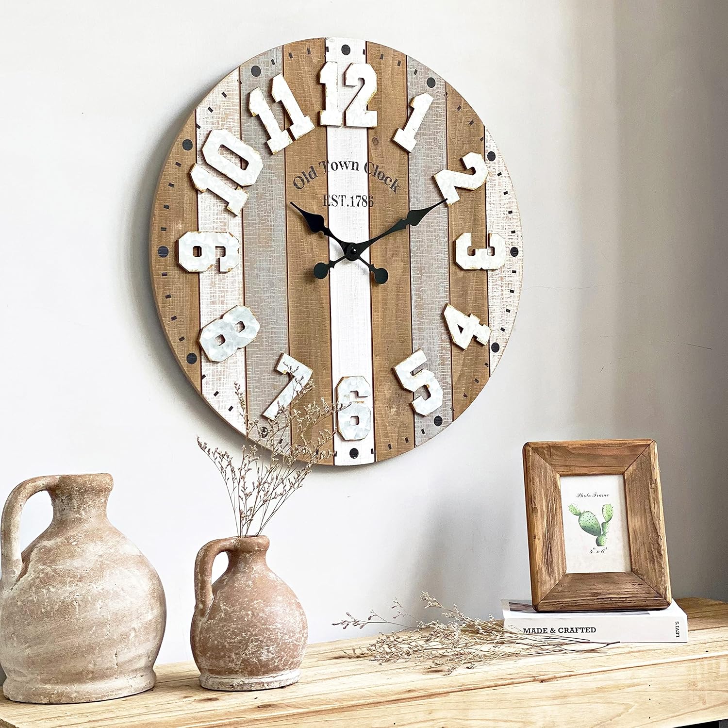 Large 24 Inch Striped Wood Shiplap Wall Clock with Raised Metallic Numbers,Farmhouse Wood Noiseless Wall Clock,Silent Non-Ticking Battery Operated Wall Clock