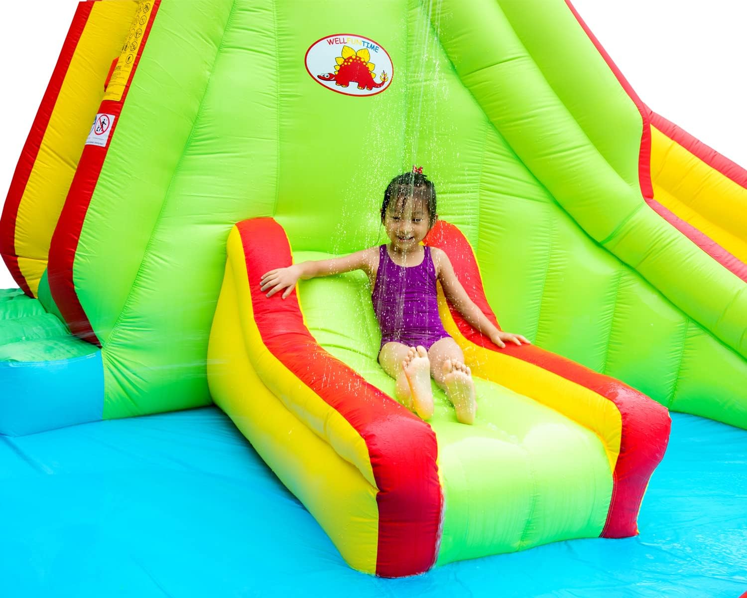 Inflatable Water Park with Blower Dual Water Slide, Climbing Wall, Water Gun, Splash Pool, Lounge, Basketball Hoop and Big Slide
