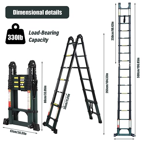 15.5FT Telescoping Extension Ladder, Extension Ladder with Triangular stabilizer, Foldable Aluminum Retractable Collapsible Ladders for Household and RV Outdoor Work 330 lbs Load