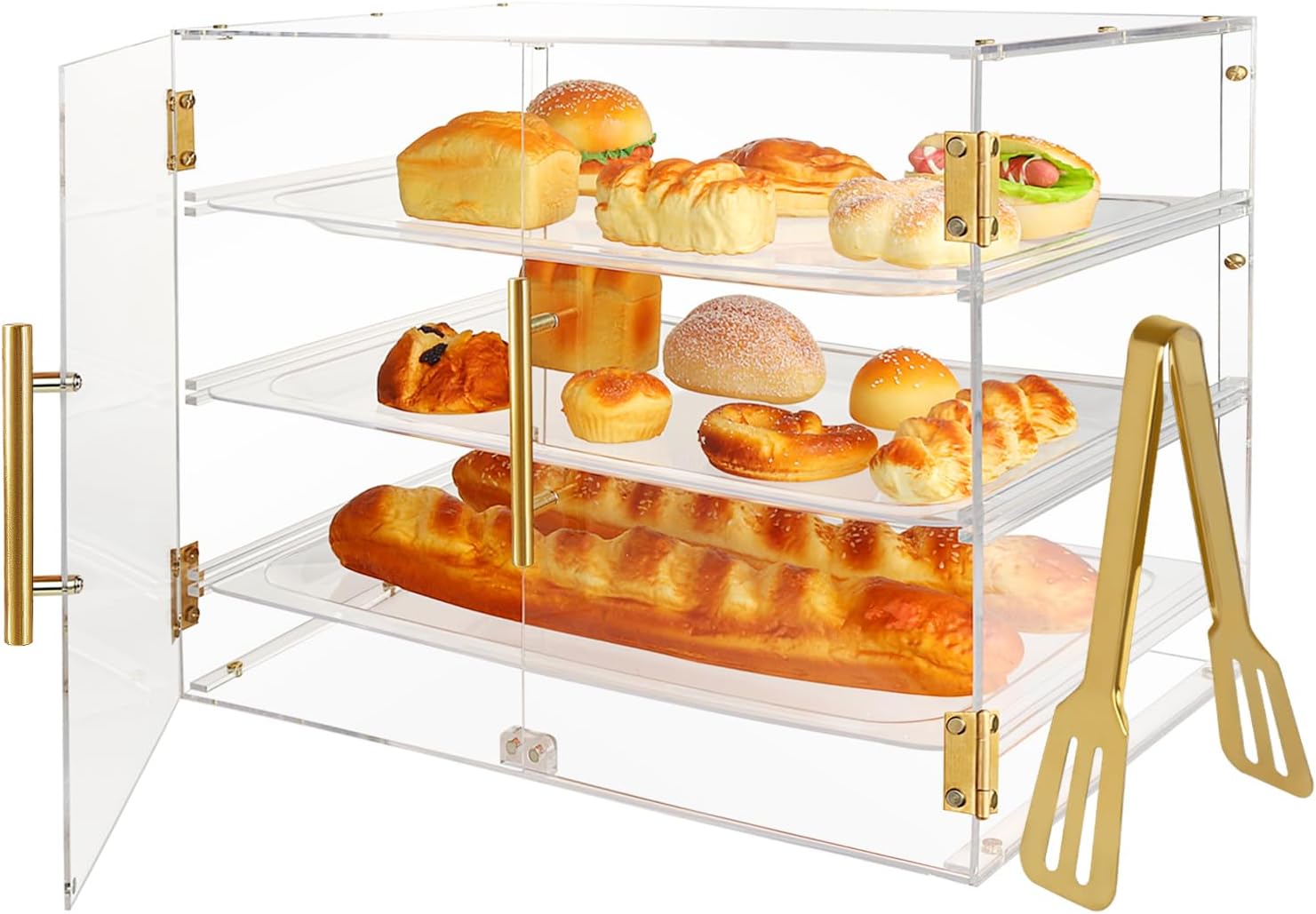 Pastry Display Case, 3-Tier Acrylic Bread Box with Front Door, for Cake Bakery Kitchen Stuff Countertop, Donut Sourdough Bread Baking Supplies and Accessories