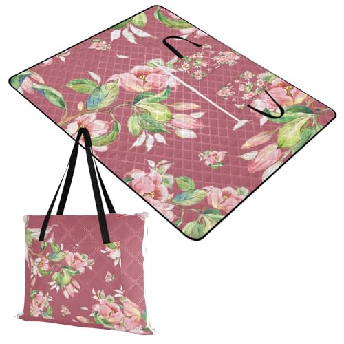 Watercolor Flowers Red Picnic Blankets - Extra Large Waterproof Foldable Portable Picnic Blanket, 60''x80'' Beach Blanket Outdoor Mat for Grass Park, Hiking, Travel