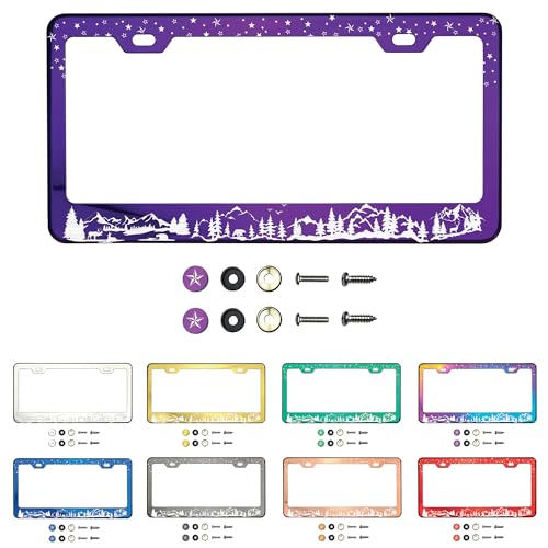 Black Smoke Chrome Titanium Gun Metal Laser Etched Mountain View Stars Wild Life T304 Stainless Steel License Plate Frame Holder with Metal Screw Caps Cover (Qty: 1 Frame)