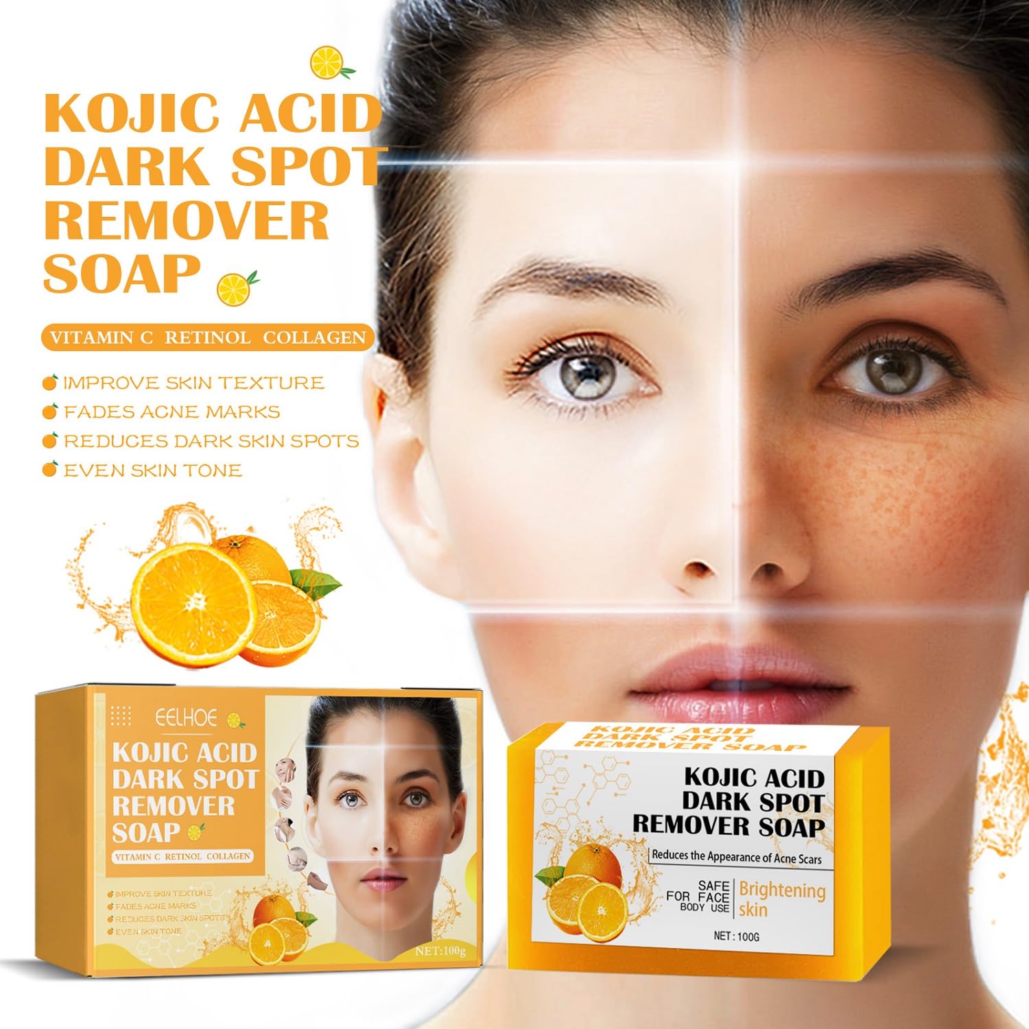 2PCS Kojic Acid Soap, Lemon Turmeric Kojic Acid Soap, Turmeric Kojic Acid Soap for Dark Spots, Orange Kojic Acid Soap,Dark Spots for Body