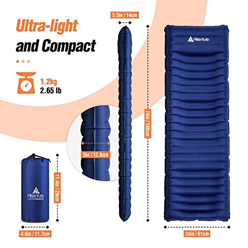 Hikenture Camping Mattress Ultra-Thick 5 Inch, Ergonomic Sleeping Pad with Pillow, Backpacking Sleeping Mat,Ultralight,Inflatable &Compact Camp Air Mattress for Tent, Hiking, Hammock(1100-B)