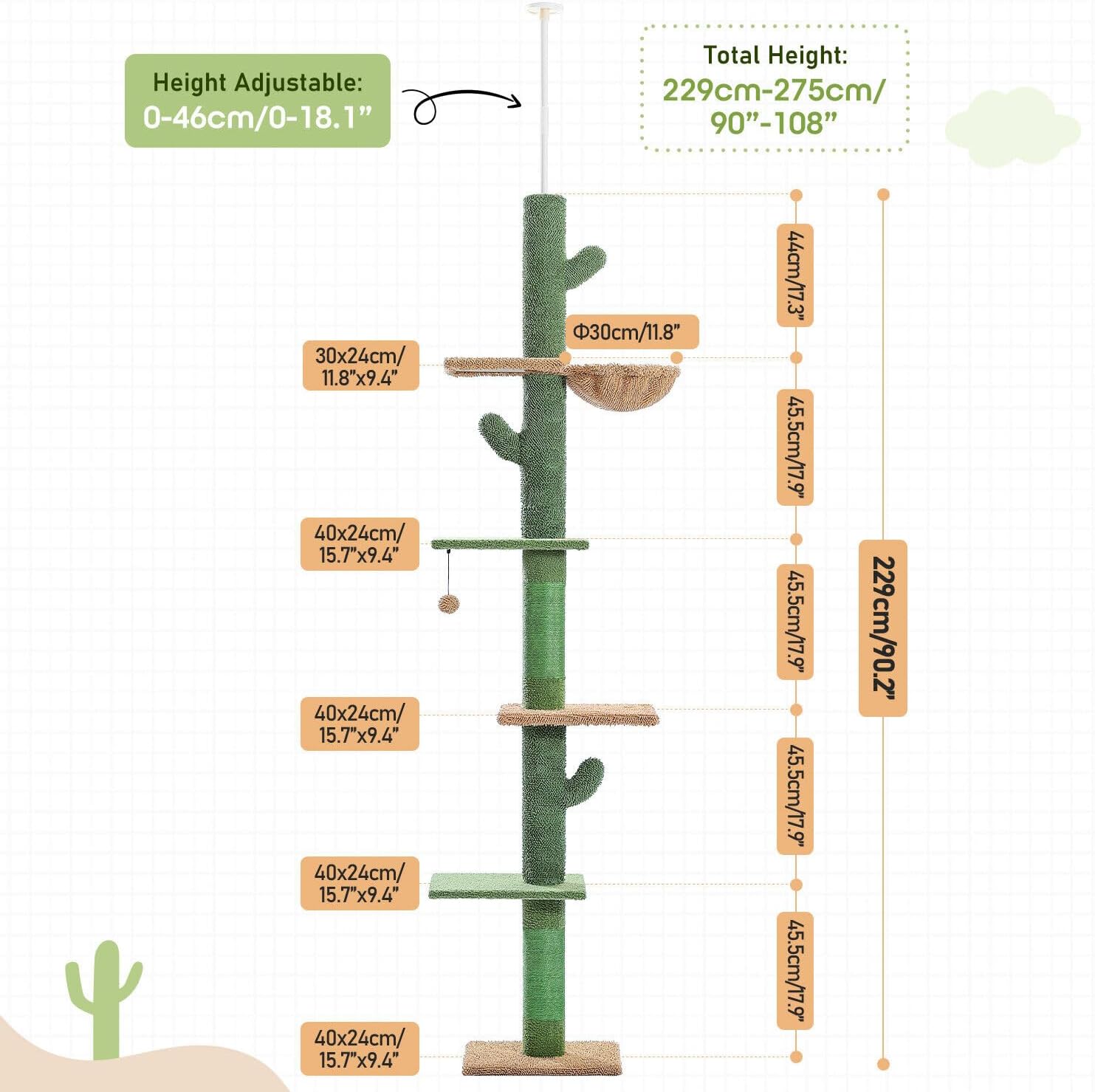 PAWZ Road Cat Tree, Cactus Floor to Ceiling Cat Tower with Adjustable Height(95-108 Inches), 5 Level Cat Climbing Tower with Cozy Hammock, Platforms and Dangling Balls for Indoor Cats