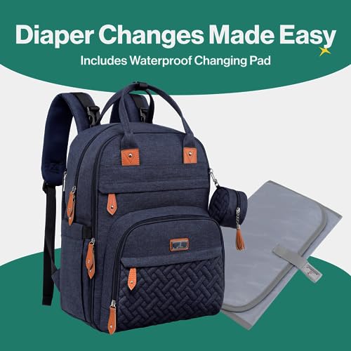 BabbleRoo Baby Diaper Bag Backpack - Waterproof Travel Tote with Changing Pad, Stroller Straps & Pacifier Case - Unisex, Navy Blue