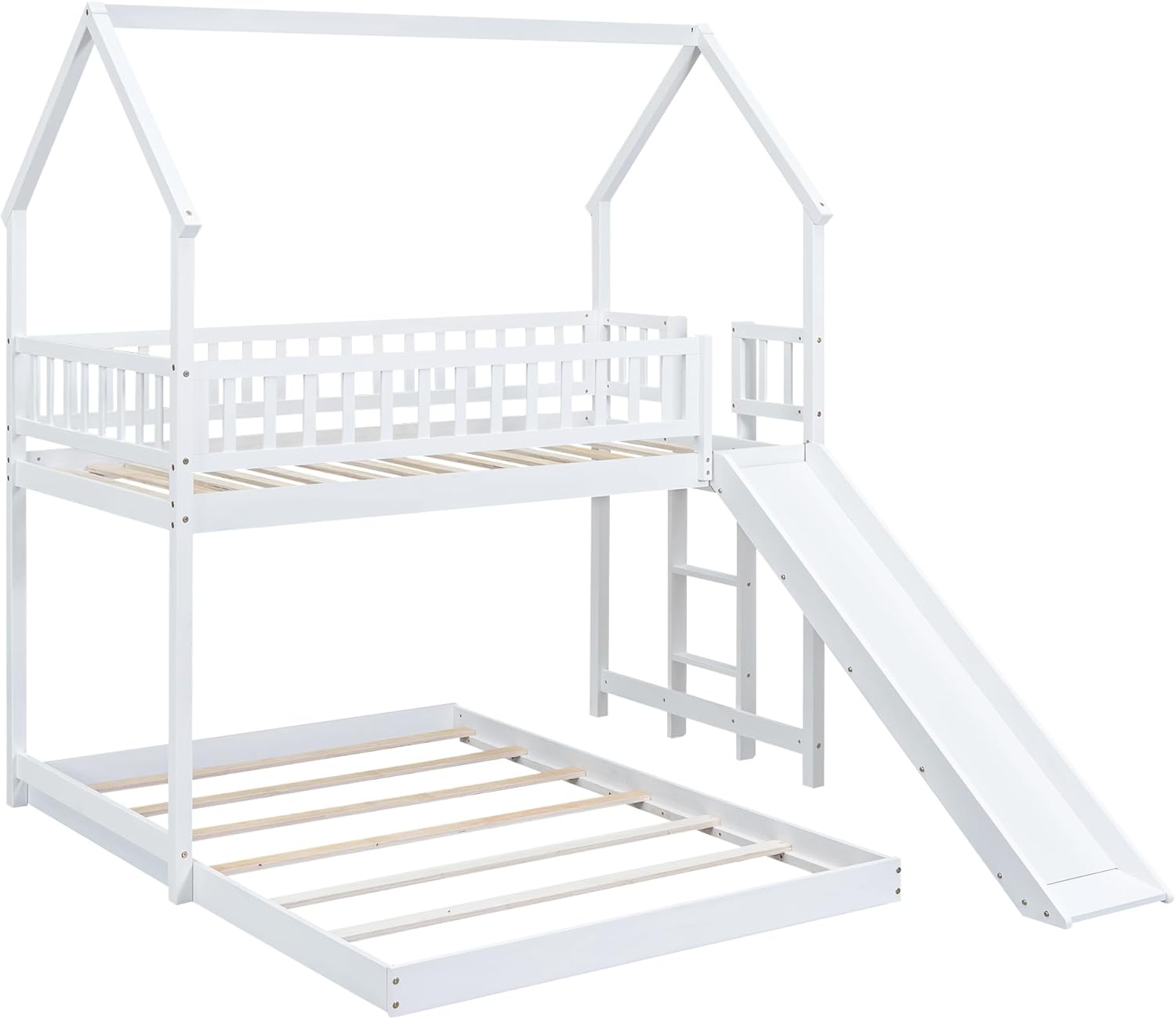 Twin Over Full House Bunk Bed with Slide and Built-in Ladder, Full-Length Guardrail, White