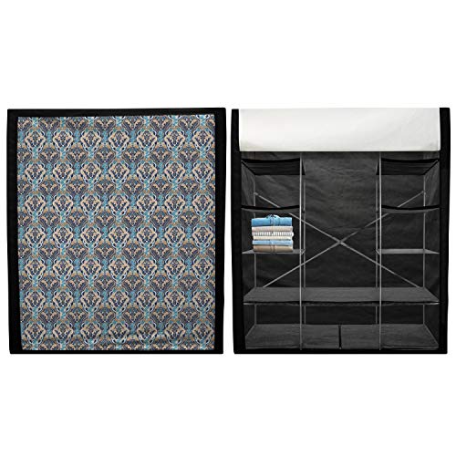 Ambesonne Asian Portable Fabric Wardrobe, Vintage Eastern Abstract Floral Pattern with Leaves Grid Style Lines, Clothing Organizer and Storage Closet with Shelves, 33.5