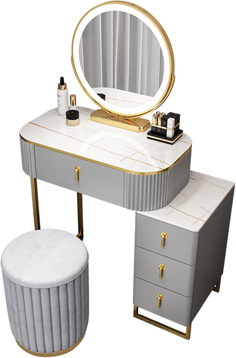 Small Vanity Desk Set with LED Smart Makeup Mirror, 3 Lighting Modes Adjustable Brightness, New Makeup Experience Dressing Table with Chair, Bedroom Vanity Table for Her